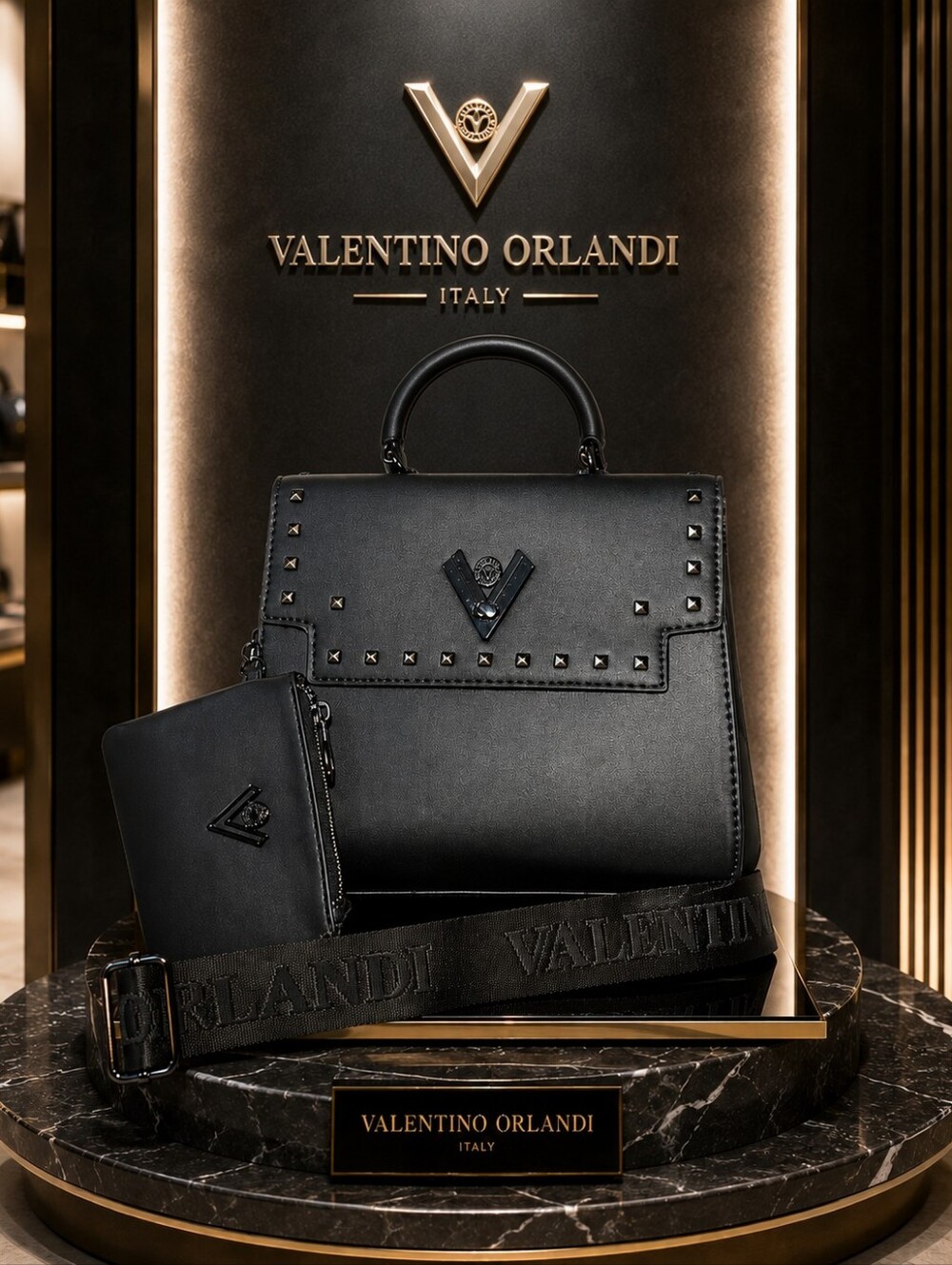 Valentino Orlandi Black Gunmetal Studded Satchel With Wallet